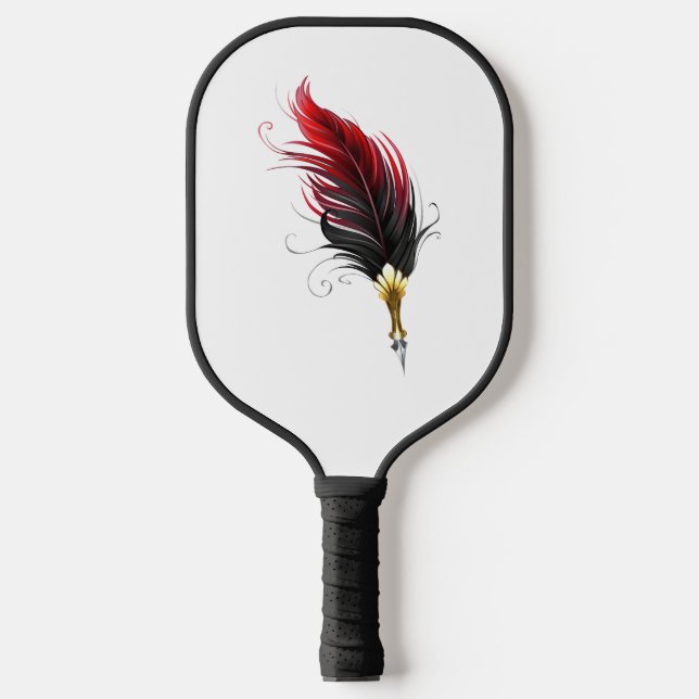 Red feather pen with gold nib pickleball paddle (Front)