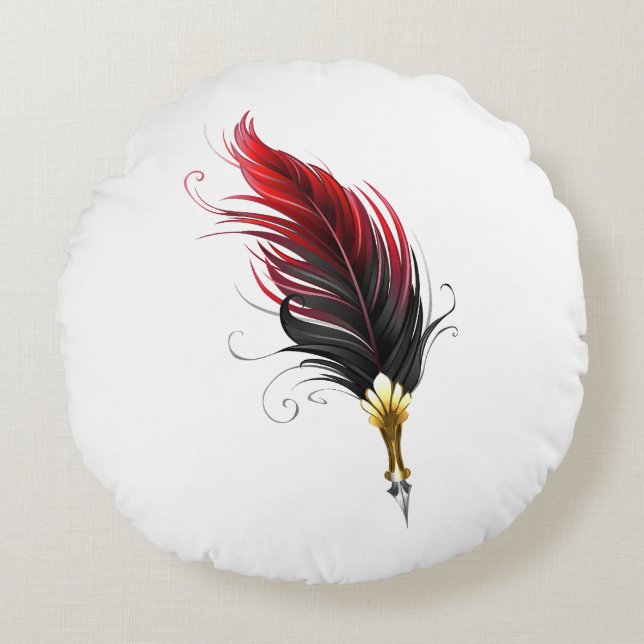 Red feather pen with gold nib round cushion (Front)