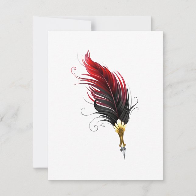 Red feather pen with gold nib RSVP card (Front)