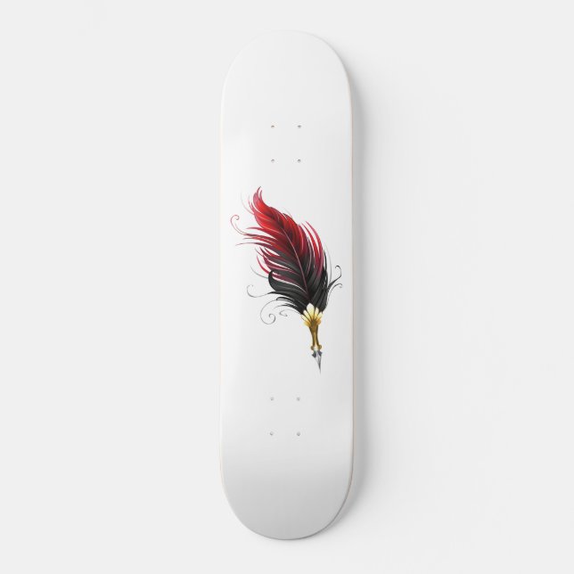 Red feather pen with gold nib skateboard (Front)