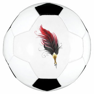 Red feather pen with gold nib soccer ball