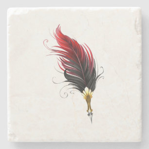 Red feather pen with gold nib stone coaster