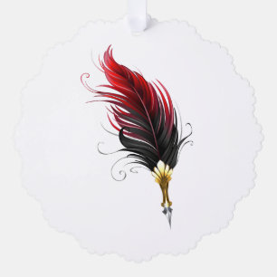 Red feather pen with gold nib tree decoration card