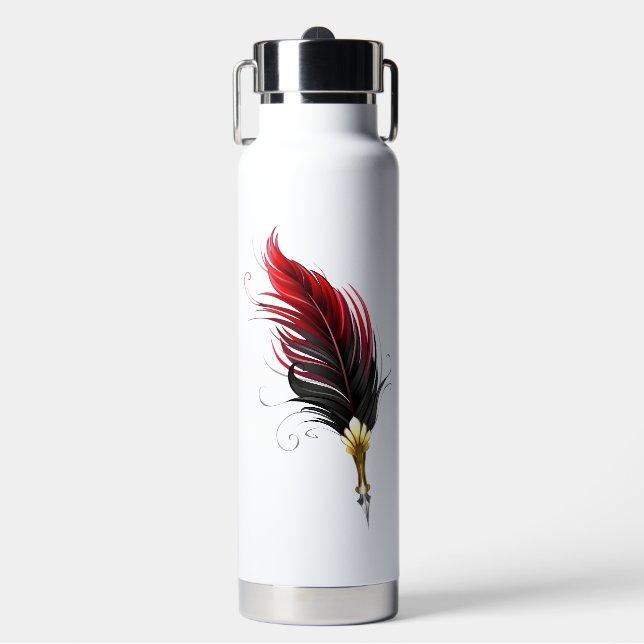 Red feather pen with gold nib water bottle (Front)
