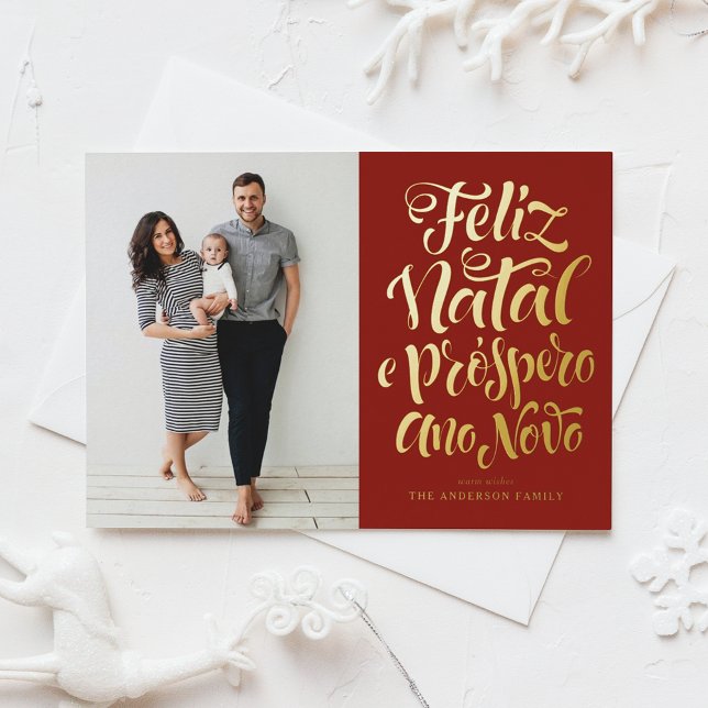 Red Feliz Natal Calligraphy Christmas Photo Foil Holiday Postcard (Creator Uploaded)