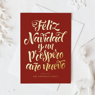 Red Feliz Natal e Próspero Ano Calligraphy Foil Holiday Postcard