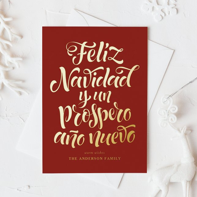Red Feliz Natal e Próspero Ano Calligraphy Foil Holiday Postcard (Creator Uploaded)