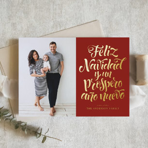 Red Feliz Navidad Script Christmas Photo Foil Holiday Card