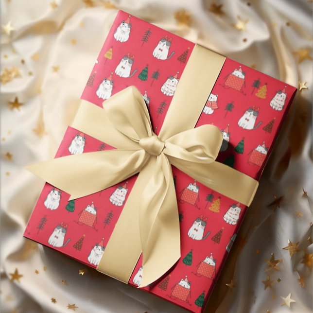 Red Festive Cats & Christmas Trees Wrapping Paper (Creator Uploaded)