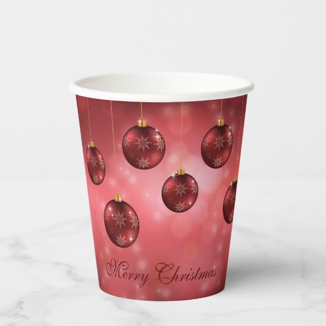 Red Festive Christmas Baubles On Red Bokeh Paper Cups (Front)