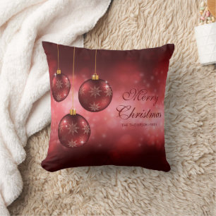 Red Festive Christmas Baubles With Custom Text Cushion