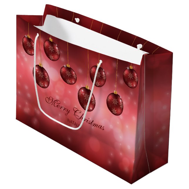 Red Festive Christmas Baubles With Custom Text Large Gift Bag (Front Angled)