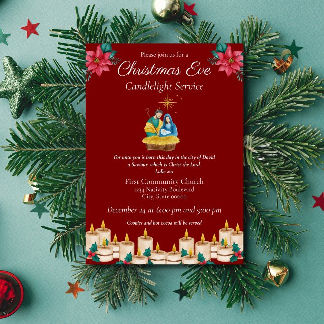 Red Festive Christmas Eve Candlelight Service Invitation (Creator Uploaded)