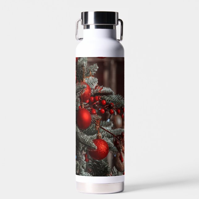 Red Festive Christmas Ornament Water Bottle (Front)