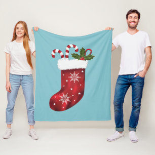 Red Festive Christmas Stocking On Blue  Fleece Blanket