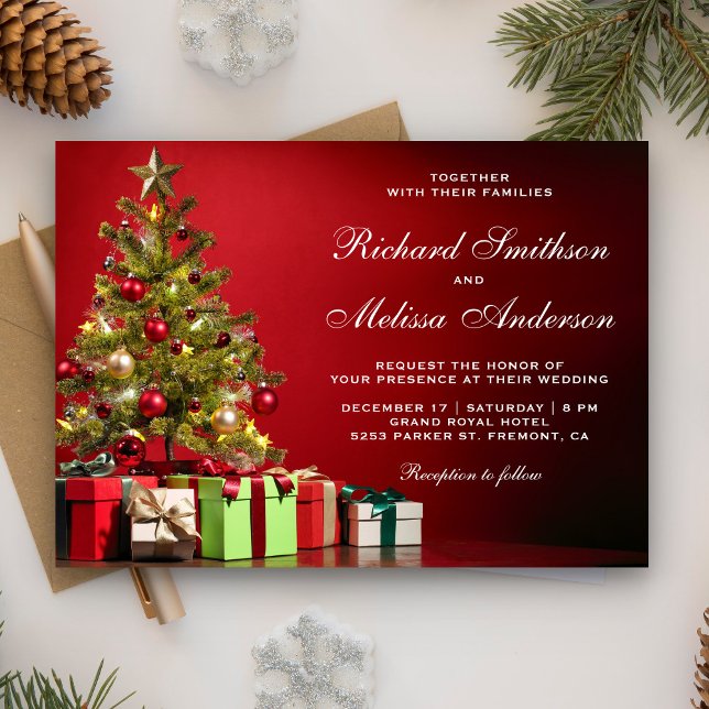 Red Festive Holiday Christmas Tree Wedding Invitation (Creator Uploaded)