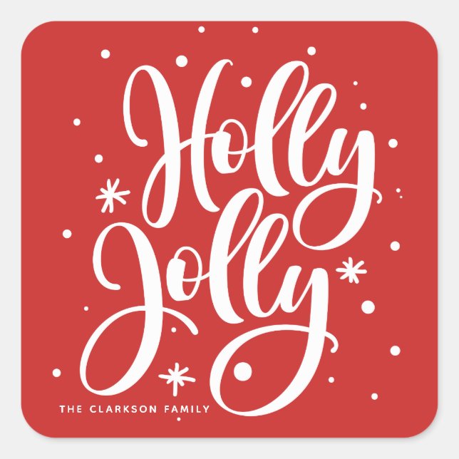 Red Festive Holly Jolly Hand Lettered Holiday Square Sticker (Front)