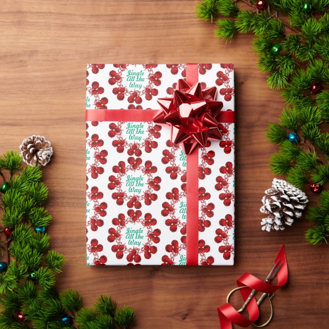 Red Festive Jingle Bells on White Wrapping Paper (Holiday Gift)