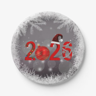 Red Festive Merry Christmas New Year 2026 Paper Plate