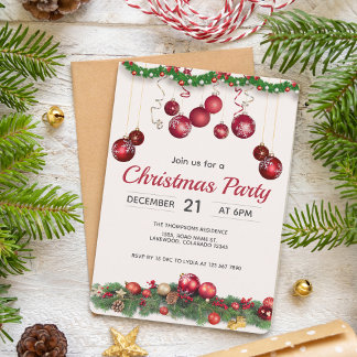 Red Festive Ornaments Modern Christmas Invitation