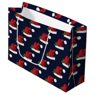 Red Festive Santa Hat On Blue Pattern Large Gift Bag