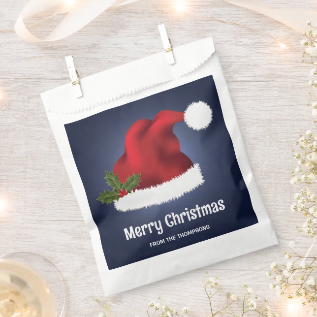 Red Festive Santa Hat On Blue With Custom Text Favour Bags (Clipped)