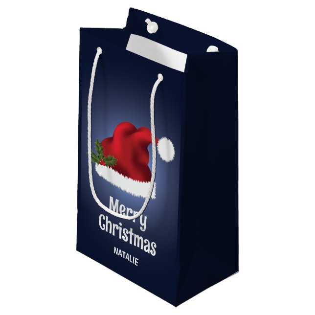 Red Festive Santa Hat On Blue With Custom Text Small Gift Bag (Front Angled)