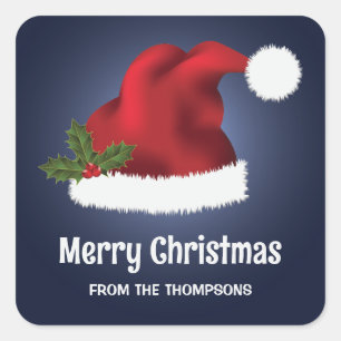 Red Festive Santa Hat On Blue With Custom Text Square Sticker