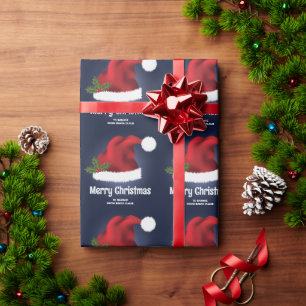 Red Festive Santa Hat On Blue With Custom Text Wrapping Paper