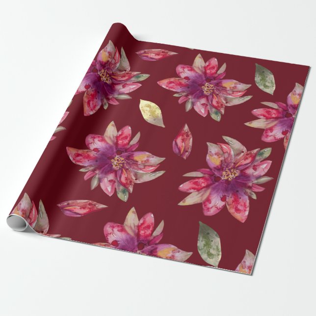 Red Festive Watercolor Poinsettias Wrapping Paper (Unrolled)