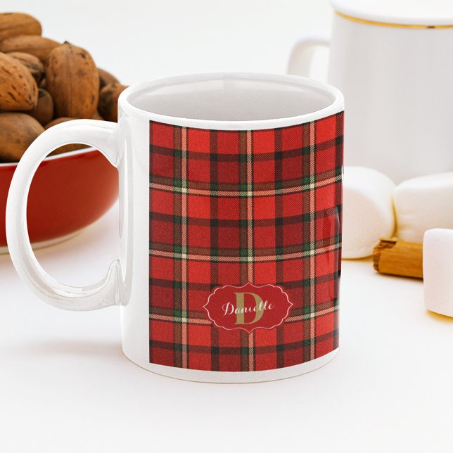 Red Festive Xmas Monogram Plaid Christmas Coffee Mug (Red Festive Xmas Monogram Plaid Christmas Coffee Mug)