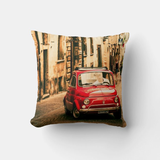 Red Fiat 500 in Italy, classic car cushion (Front)