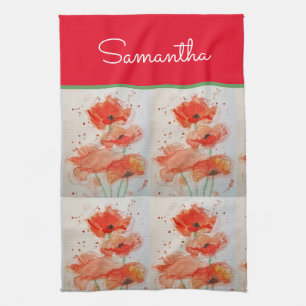 Red Field Poppy Flowers Poppies Floral Watercolor  Tea Towel