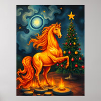 Red Fiery Horse at the Christmas Tree & Moon