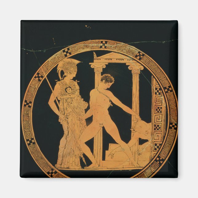 Red-figure cup depicting Athena, Theseus Magnet (Front)