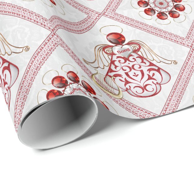 Red Filigree & Gold Christmas Angel of Song Wrapping Paper (Roll Corner)