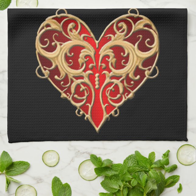 Red Filigree Heart Kitchen Towel (Folded)