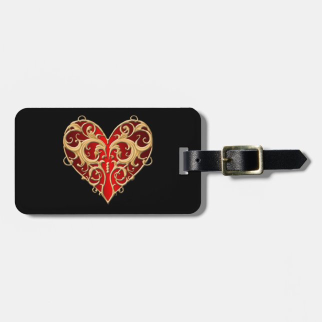 Red Filigree Heart Luggage Tag (Front Horizontal)