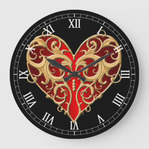 Red Filigree Heart Roman Numeral Clock