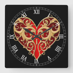 Red Filigree Heart Roman Numeral Clock