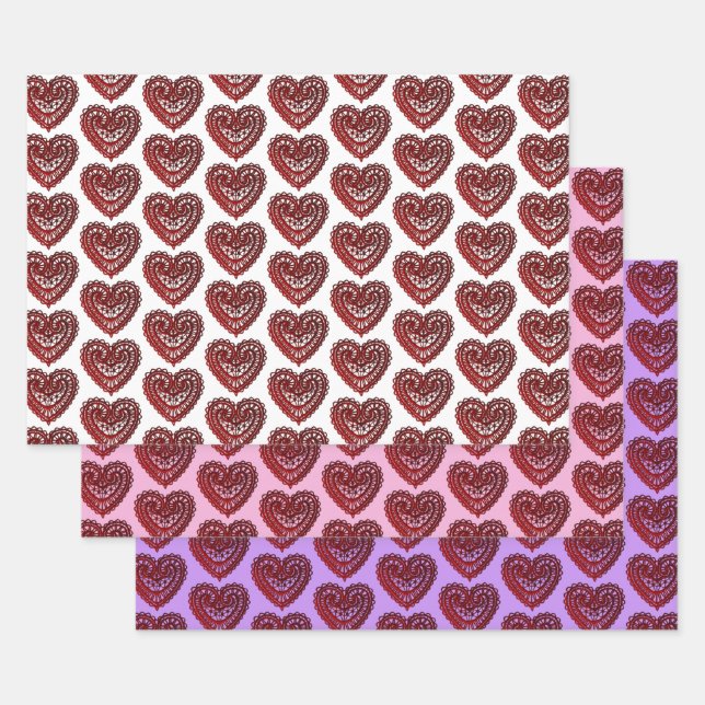 Red Filigree Hearts Collection Wrapping Paper Sheet (Set)