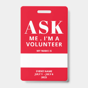 Red Fill In Name Volunteer Badge ID Badge