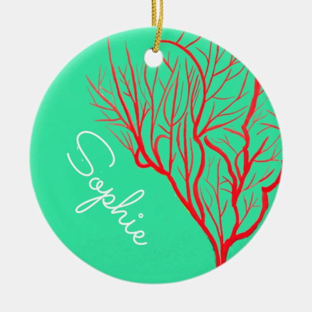 Red fire coral sea theme art name ceramic tree decoration (Front)
