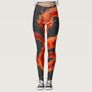 Red Fire Dragon Art   Mythical Flame Dragon Design Leggings