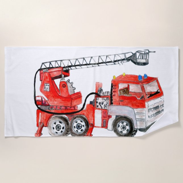 Red fire engine, fire truck illustration beach towel (Front)
