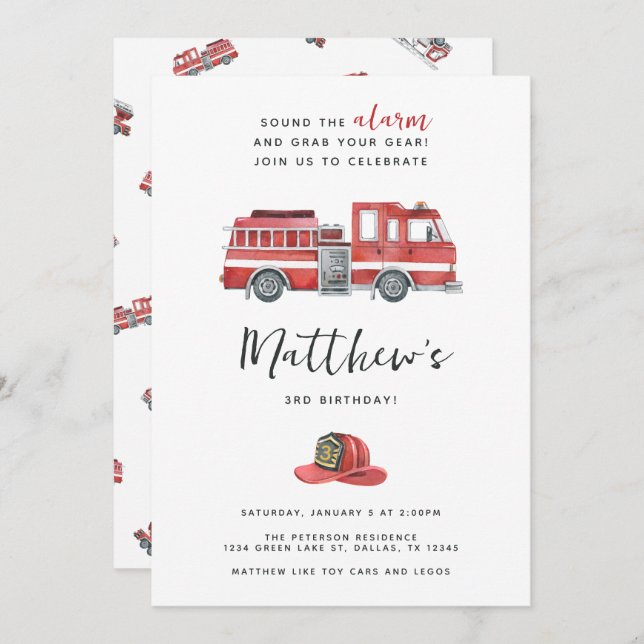 Red Fire Engine Truck Birthday Party Invitation (Front/Back)