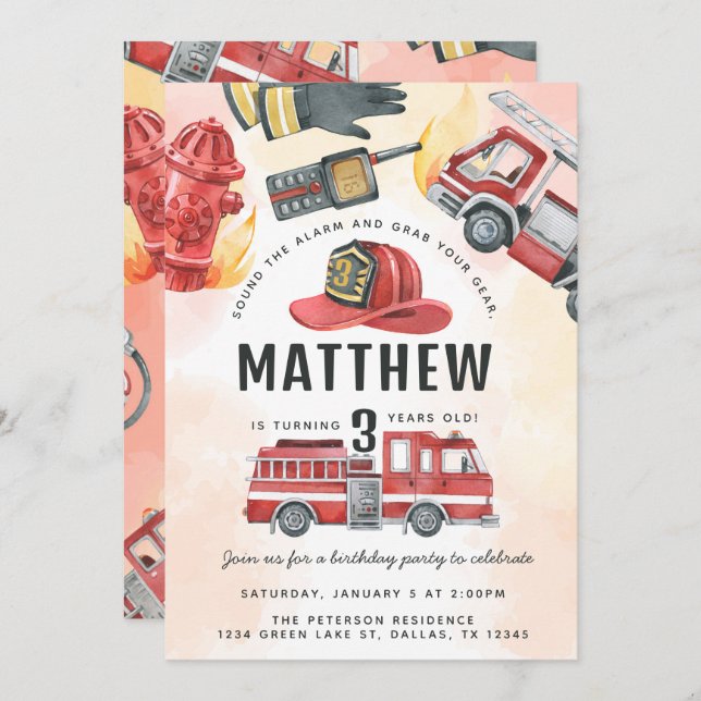 Red Fire Engine Truck Birthday Party Invitation (Front/Back)
