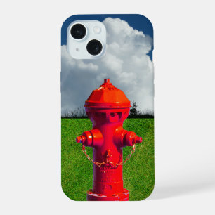 Red Fire Hydrant, Grass, Cloudy Sky iPhone 15 Case