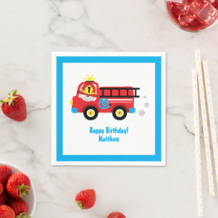 Red Fire Truck Adorable Smiling Fireman Birthday Napkin