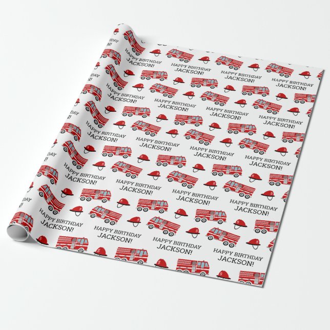 Red Fire Truck and Hat Personalized Birthday Wrapping Paper (Unrolled)